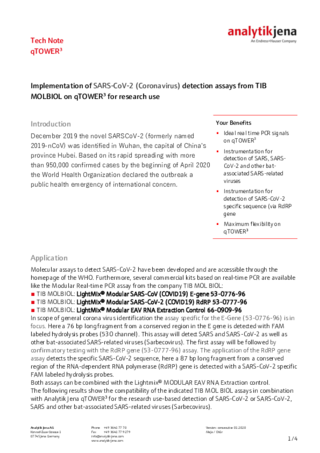 Implementation of SARS-CoV-2 (Coronavirus) detection assays from TIB MOLBIOL on qTOWER³ for research use