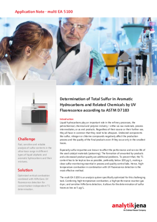 Determination of Total Sulfur in Aromatic Hydrocarbons and Related Chemicals by UV Fluorescence acc. to ASTM D7183