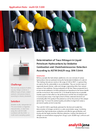 Determination of Trace Nitrogen in Liquid Petroleum Hydrocarbons by Oxidative Combustion and Chemiluminescence Detection Acc. to ASTM D4629 / DIN 51444