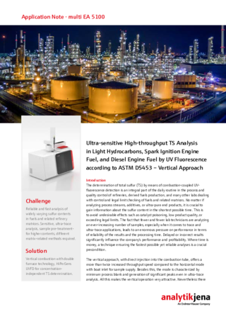 Ultra-sensitive High-throughput TS Analysis in Light Hydrocarbons, Spark Ignition Engine Fuel, and Diesel Engine Fuel by UV Fluorescence according to ASTM D5453 - Vertical Approach