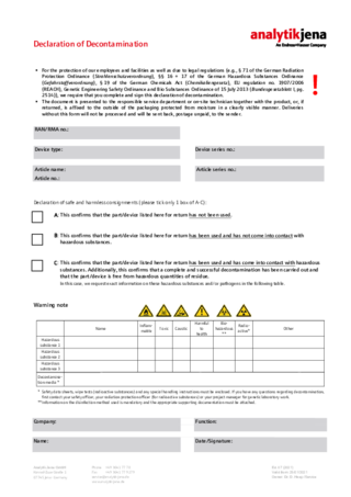 Declaration of Decontamination Form